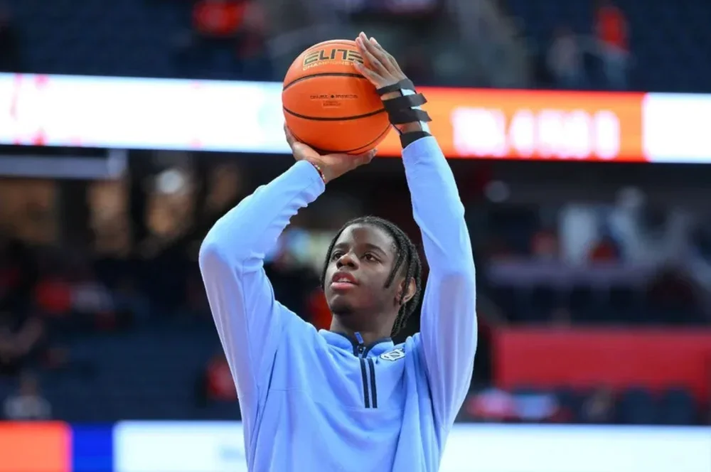 Feb 21, 2026; Syracuse, New York, USA; North Carolina Tar Heels forward Caleb Wilson (8) shoots prior to the game against the Syracuse Orange at the JMA Wireless Dome. Mandatory Credit: Rich Barnes-Imagn Images