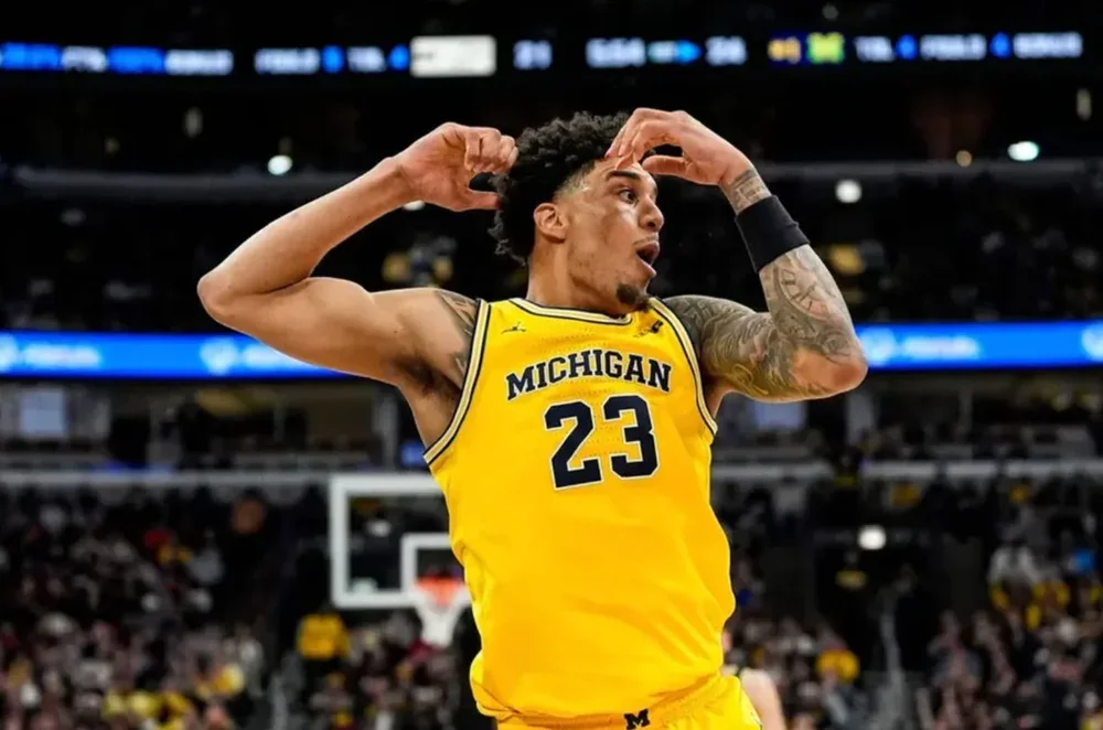 Michigan forward Yaxel Lendeborg (23) reacts being called a personal foul against him during the first half of Big Ten Tournament final against Purdue at United Center in Chicago on Sunday, March 15, 2026.